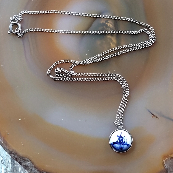 Jewelry - Silver Necklace with Blue and White Ceramic Pendant